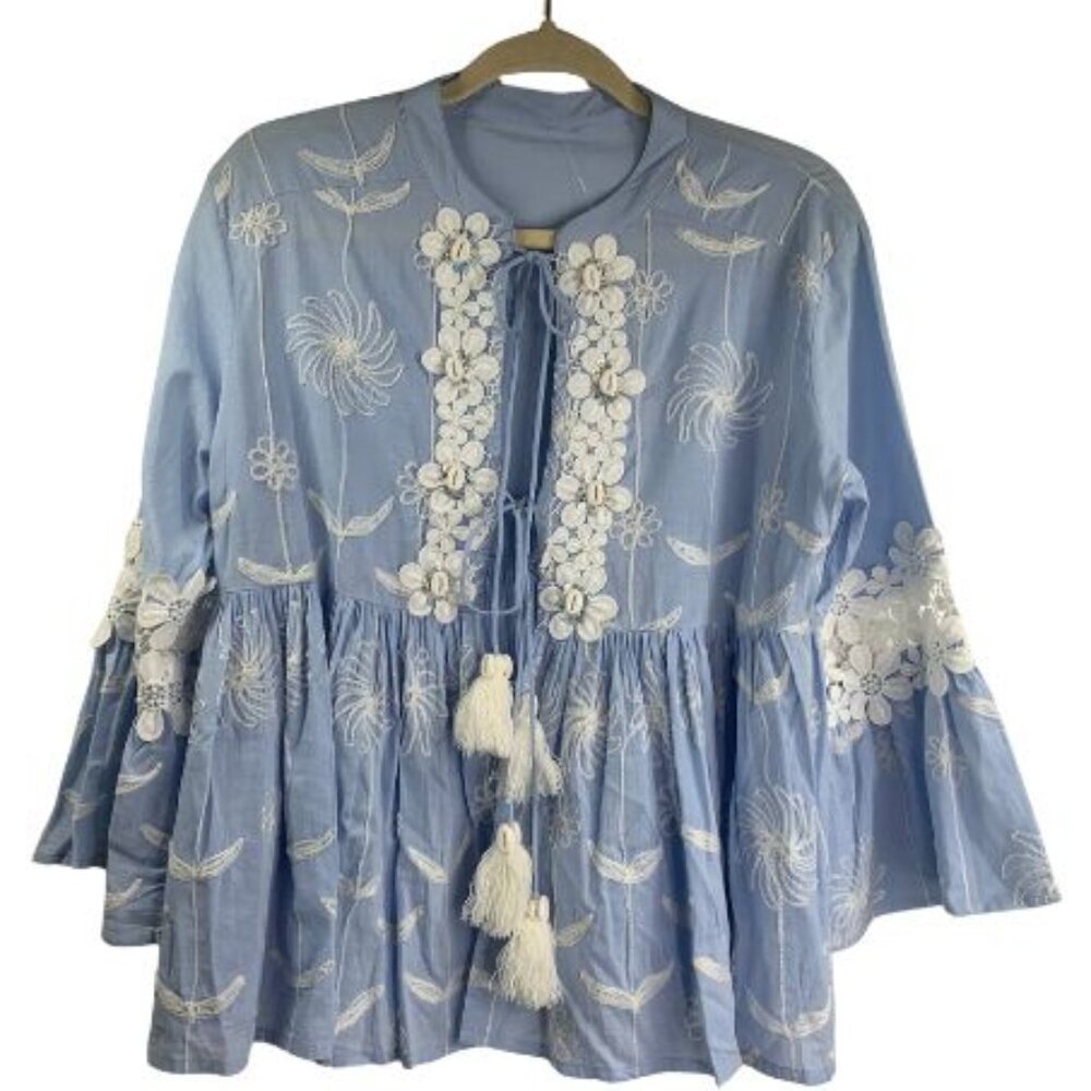 Barok Bohemian Embroidered Beaded Tie Front Top Light Blue Size S/M NWT